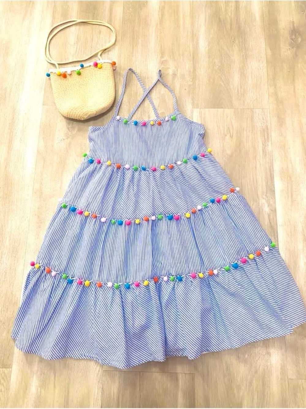 Girls' Blue Striped Pom-Pom Tiered Sundress